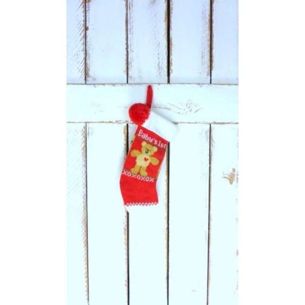 Vintage Babys First Christmas woven knit Christmas teddy bear stocking